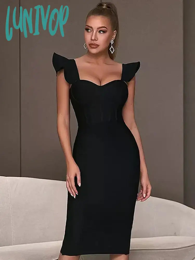 Lunivop New Sexy V Neck Black Ruffles Bandage Dress Women Elegant Luxury Vestidos Para Mujer Formal