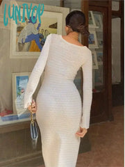 Lunivop New Sheer Slim Mohair Knitted Dresses Female Simple Casual Round Neck Long Sleeve Maxi