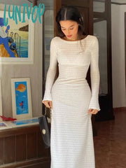 Lunivop New Sheer Slim Mohair Knitted Dresses Female Simple Casual Round Neck Long Sleeve Maxi