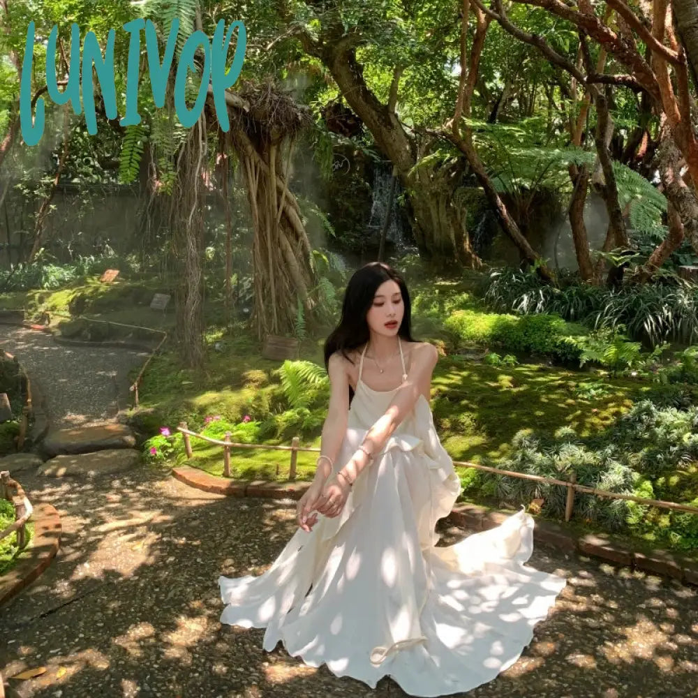 Lunivop New Summer Fairy Halter Designer Dress Women Beige Long Lolita Birthday Party Dresses