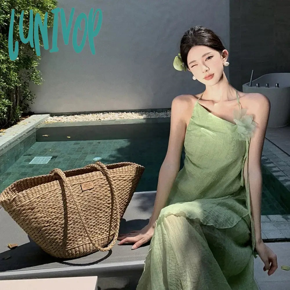 Lunivop New Summer Fairy Halter Prom Dress Women’s Maxi Ruffles Green Party Dresses Backless