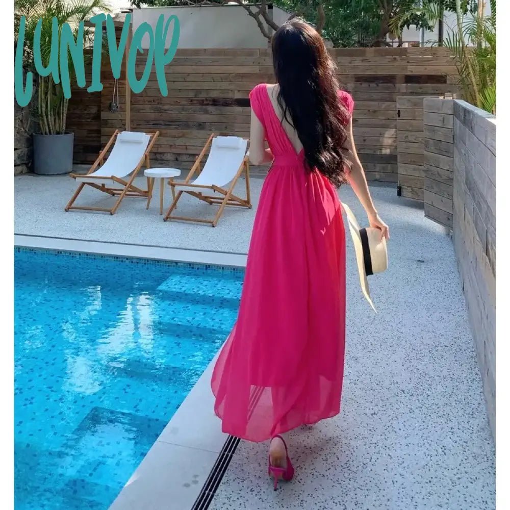 Lunivop New Summer Fairy Prom Dress For Women Korean Long Celebrity High Split Chiffon Dresses