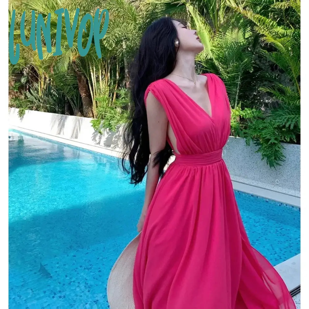 Lunivop New Summer Fairy Prom Dress For Women Korean Long Celebrity High Split Chiffon Dresses