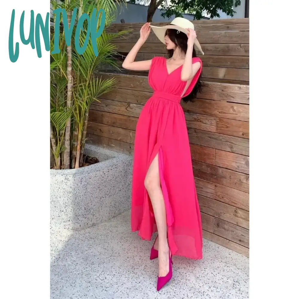 Lunivop New Summer Fairy Prom Dress For Women Korean Long Celebrity High Split Chiffon Dresses