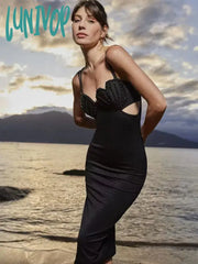 Lunivop New Summer Fashion Women Sexy V Neck Beading White Black Bodycon Midi Bandage Dress Elegant