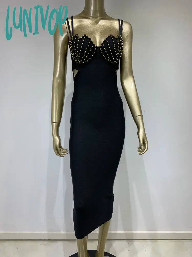 Lunivop New Summer Fashion Women Sexy V Neck Beading White Black Bodycon Midi Bandage Dress Elegant