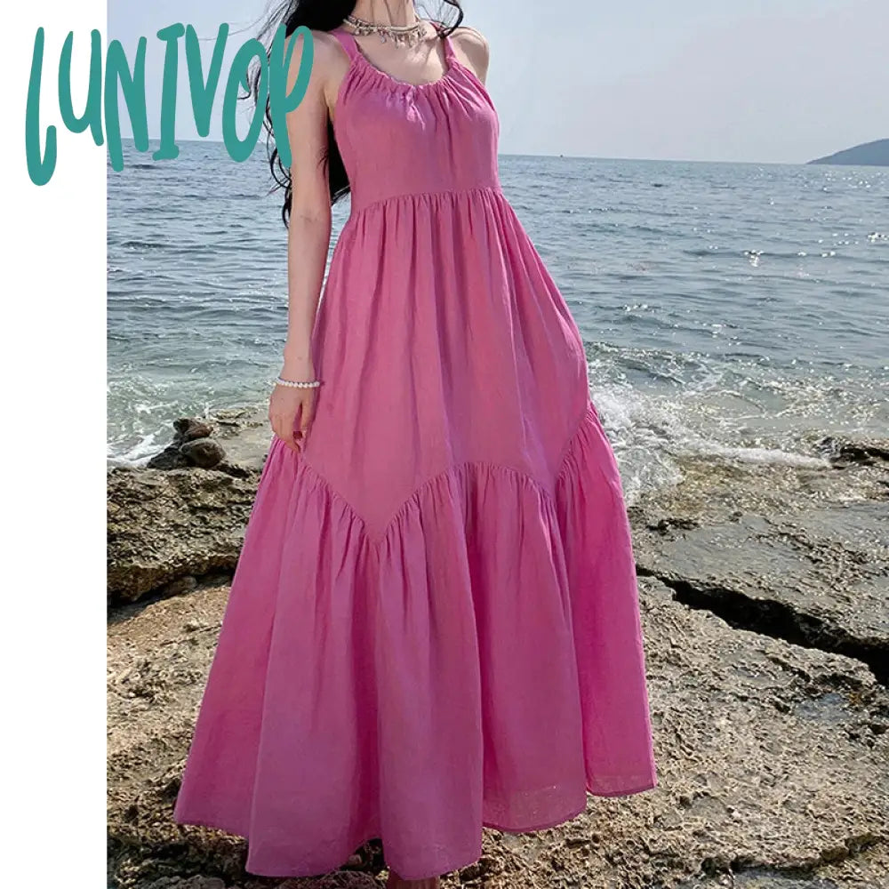 Lunivop New Summer Halter Backless Midi Women Dress Simple Loose Beach Vacation Pink Purple Long