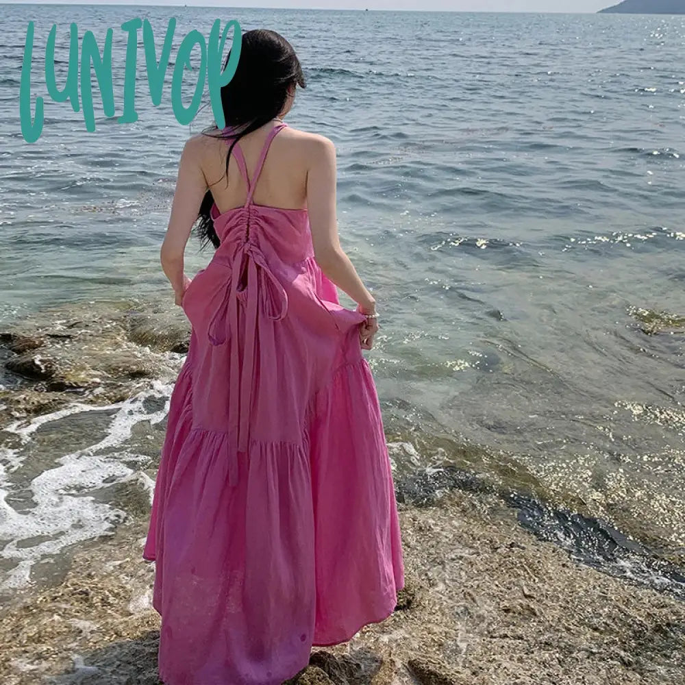 Lunivop New Summer Halter Backless Midi Women Dress Simple Loose Beach Vacation Pink Purple Long