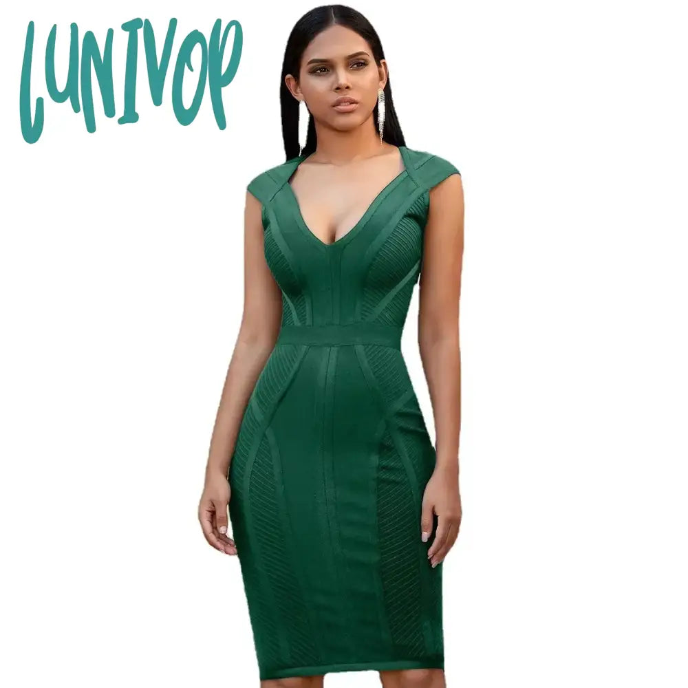 Lunivop New Summer Sexy Green V Neck Bandage Dress Bodycon Robe Soiree Femme Evening Club Party