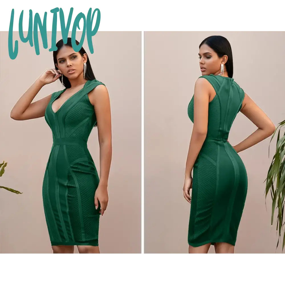 Lunivop New Summer Sexy Green V Neck Bandage Dress Bodycon Robe Soiree Femme Evening Club Party