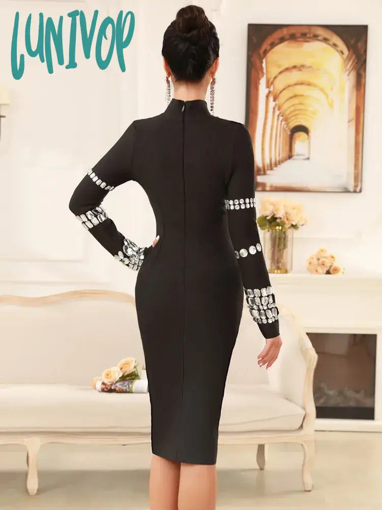 Lunivop New Women Celebrity Sexy Long Sleeve Diamonds Beading Black Mini Bandage Dress 2024 Knitted