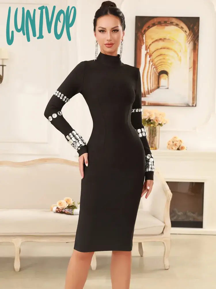 Lunivop New Women Celebrity Sexy Long Sleeve Diamonds Beading Black Mini Bandage Dress 2024 Knitted