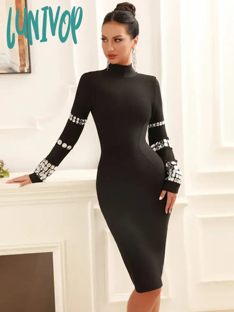 Lunivop New Women Celebrity Sexy Long Sleeve Diamonds Beading Black Mini Bandage Dress 2024 Knitted