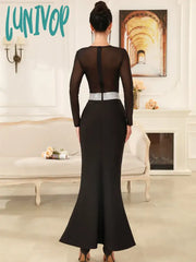 Lunivop New Women Celebrity Sexy Long Sleeve Turtleneck Mesh Black Maxi Bandage Dress 2024 Knitted