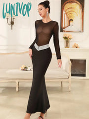 Lunivop New Women Celebrity Sexy Long Sleeve Turtleneck Mesh Black Maxi Bandage Dress 2024 Knitted