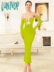 Lunivop New Women Celebrity Sexy Off Shoulder Green Diamonds Maxi Long Bandage Dress 2024 Knitted