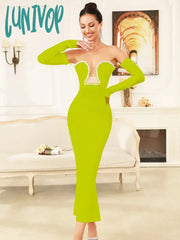 Lunivop New Women Celebrity Sexy Off Shoulder Green Diamonds Maxi Long Bandage Dress 2024 Knitted