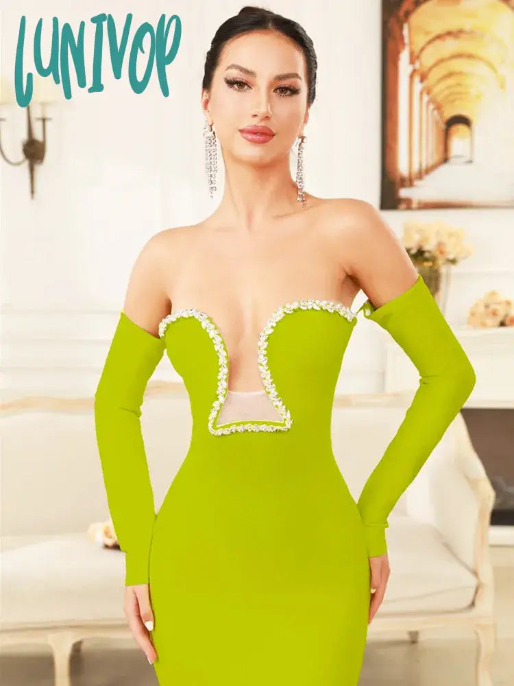 Lunivop New Women Celebrity Sexy Off Shoulder Green Diamonds Maxi Long Bandage Dress 2024 Knitted