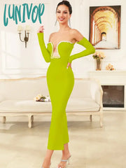 Lunivop New Women Celebrity Sexy Off Shoulder Green Diamonds Maxi Long Bandage Dress 2024 Knitted