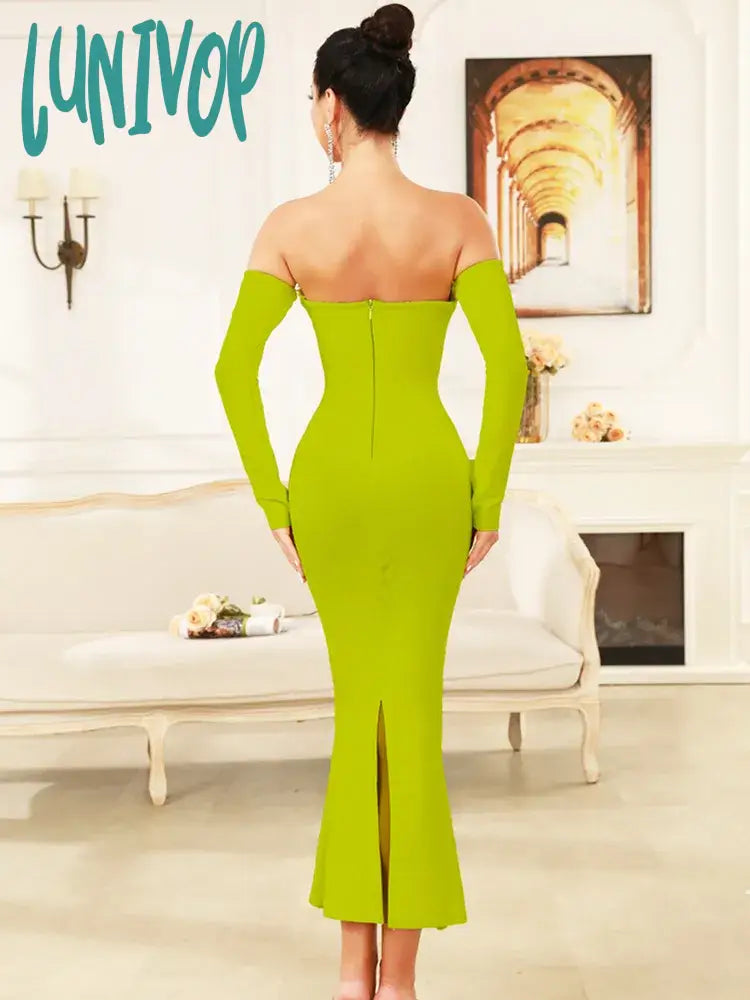 Lunivop New Women Celebrity Sexy Off Shoulder Green Diamonds Maxi Long Bandage Dress 2024 Knitted