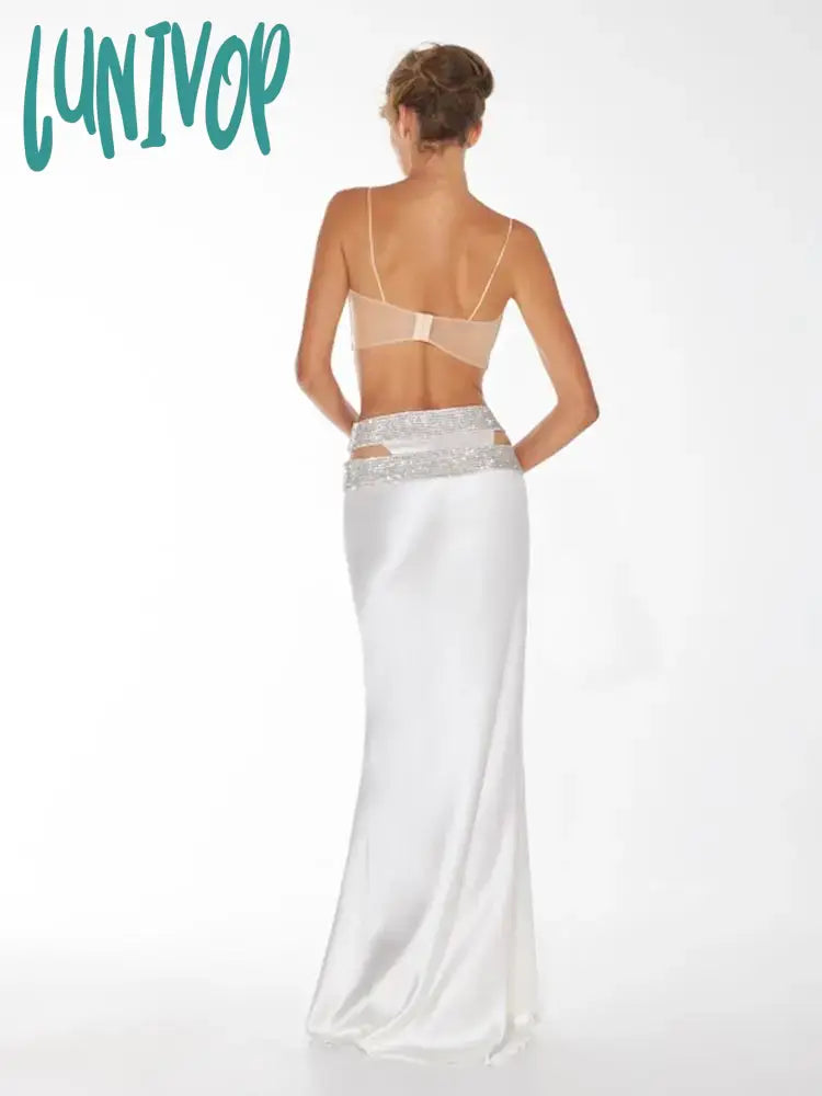 Lunivop New Women Elegant Luxury Beaded Shiny Diamond Sexy Tank Top &Bandage Skirt 2 Piece Set