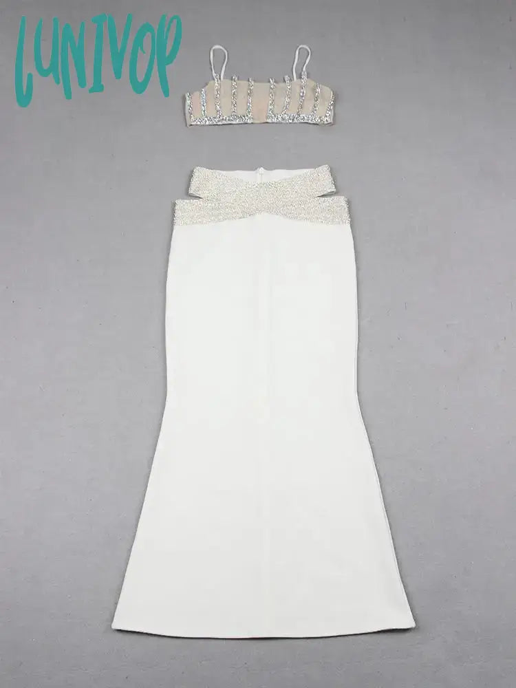 Lunivop New Women Elegant Luxury Beaded Shiny Diamond Sexy Tank Top &Bandage Skirt 2 Piece Set