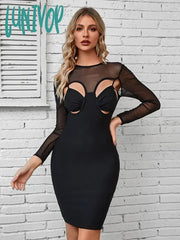 Lunivop New Women Elegant Luxury Long Sleeve Hollow Out Mesh Patchwork Bandage Dress Birthday