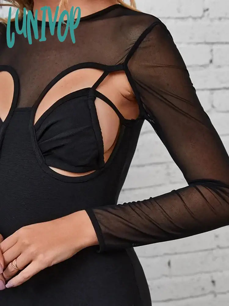 Lunivop New Women Elegant Luxury Long Sleeve Hollow Out Mesh Patchwork Bandage Dress Birthday