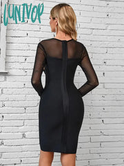 Lunivop New Women Elegant Luxury Long Sleeve Hollow Out Mesh Patchwork Bandage Dress Birthday