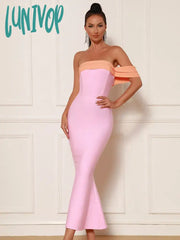 Lunivop New Women Summer Sexy Off Shoulder Patchwork Pink Mermaid Ankle Length Bandage Dress