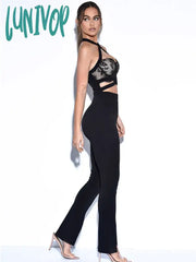 Lunivop New Women Summer Style Sexy Backless Halter Lace Black Bodycon Bandage Jumpsuit High Street