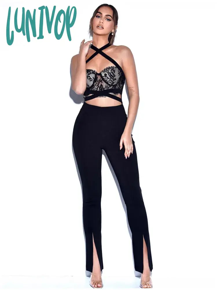 Lunivop New Women Summer Style Sexy Backless Halter Lace Black Bodycon Bandage Jumpsuit High Street