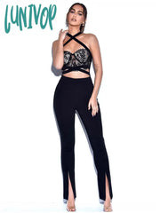 Lunivop New Women Summer Style Sexy Backless Halter Lace Black Bodycon Bandage Jumpsuit High Street