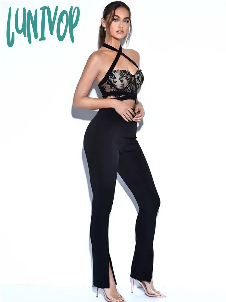 Lunivop New Women Summer Style Sexy Backless Halter Lace Black Bodycon Bandage Jumpsuit High Street