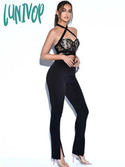 Lunivop New Women Summer Style Sexy Backless Halter Lace Black Bodycon Bandage Jumpsuit High Street