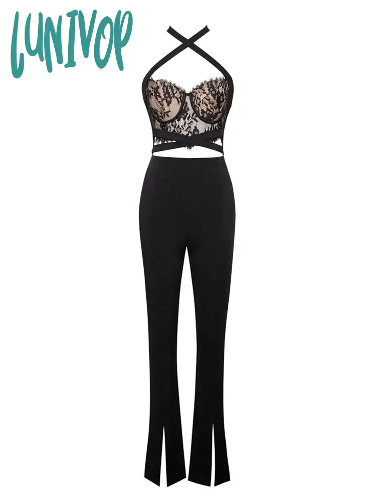 Lunivop New Women Summer Style Sexy Backless Halter Lace Black Bodycon Bandage Jumpsuit High Street