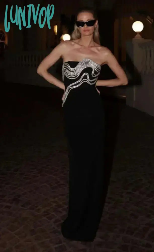 Lunivop New Womens Elegant High Quality Luxury Diamond Decorated Black Strapless Long Bandage Dress