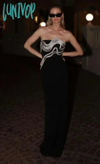 Lunivop New Womens Elegant High Quality Luxury Diamond Decorated Black Strapless Long Bandage Dress
