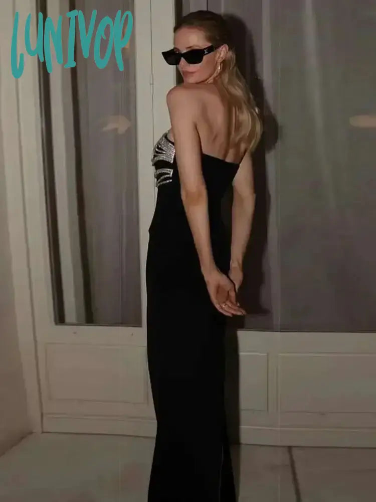 Lunivop New Womens Elegant High Quality Luxury Diamond Decorated Black Strapless Long Bandage Dress