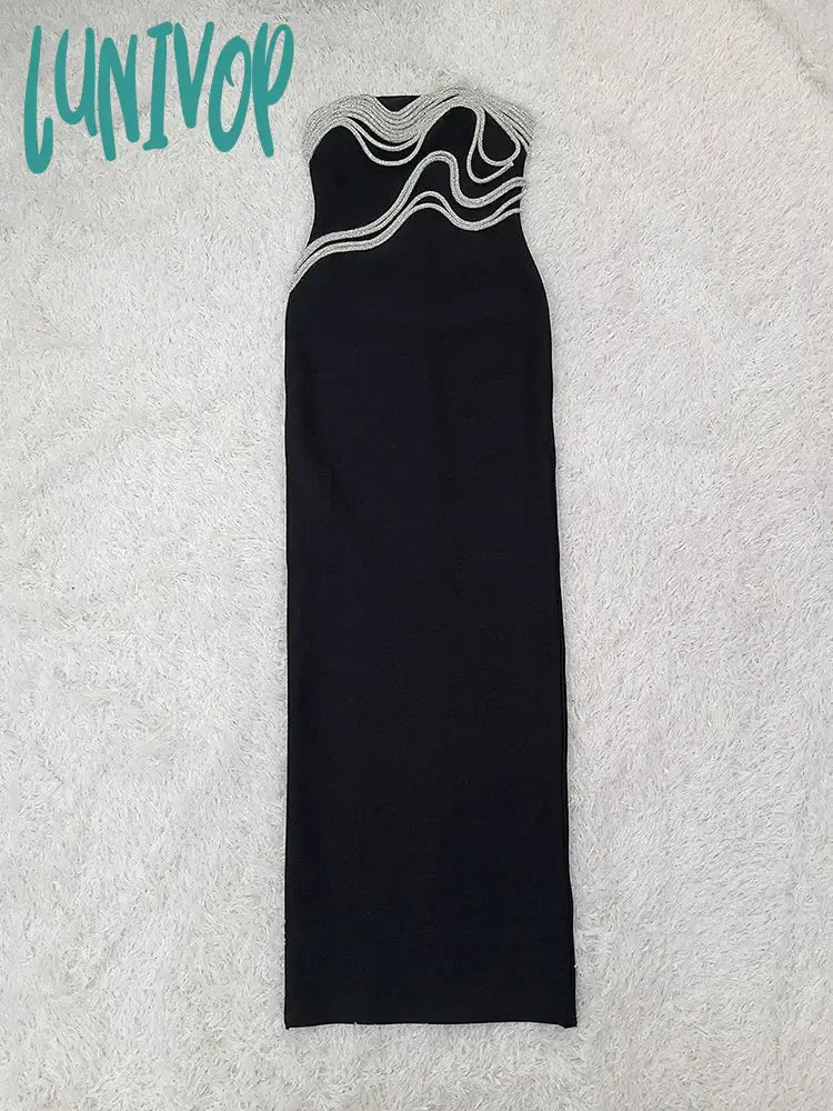 Lunivop New Womens Elegant High Quality Luxury Diamond Decorated Black Strapless Long Bandage Dress