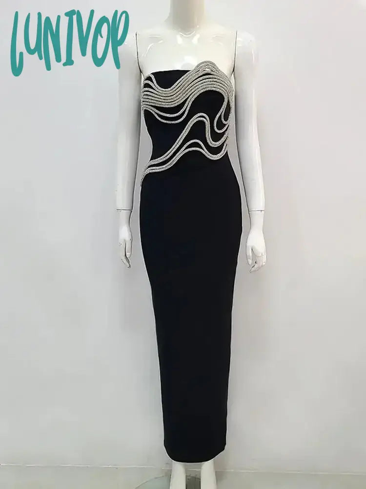 Lunivop New Womens Elegant High Quality Luxury Diamond Decorated Black Strapless Long Bandage Dress