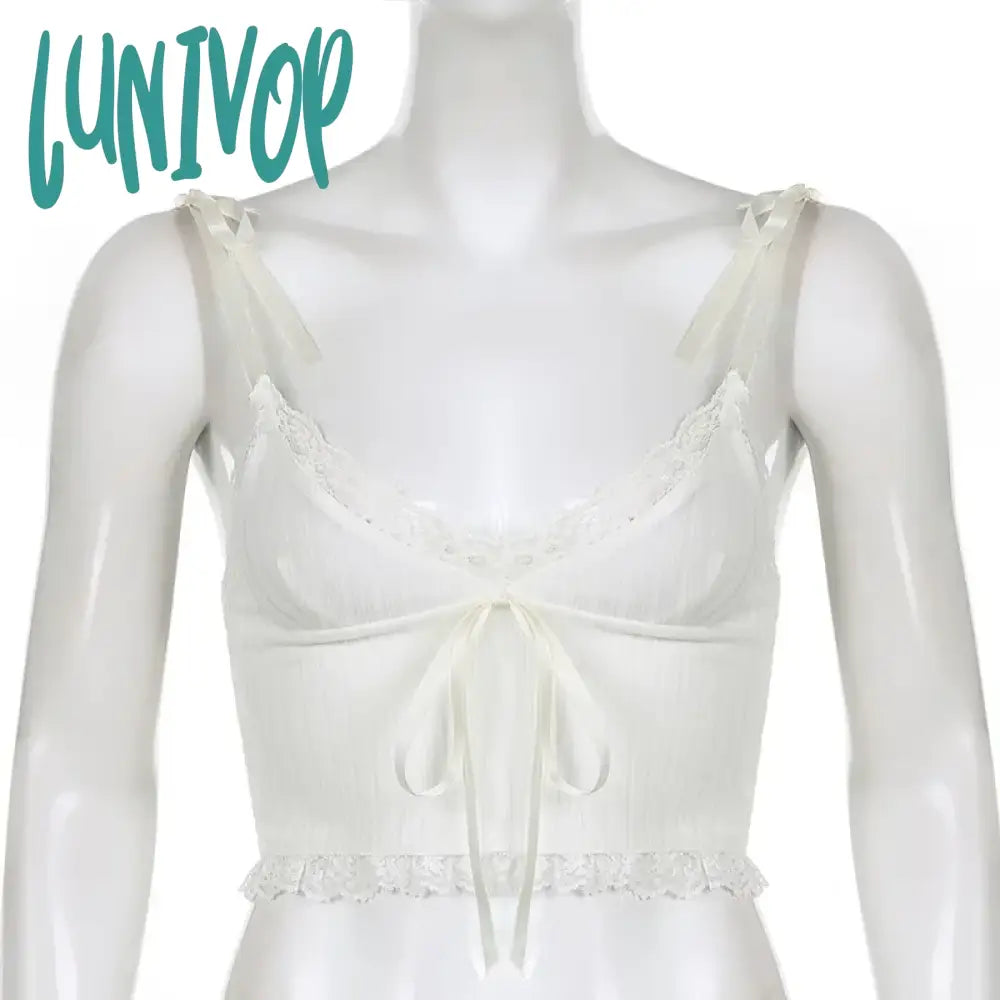 Lunivop New Y2K Lace Trim Crop Top Aesthetic White Bow Cute Sweet Mini Vest Knitted Basic Casual