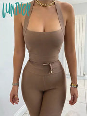 Lunivop Newest Summer Fashion Sexy Backless Halter Beige Black Women Bandage Jumpsuit Celebrity