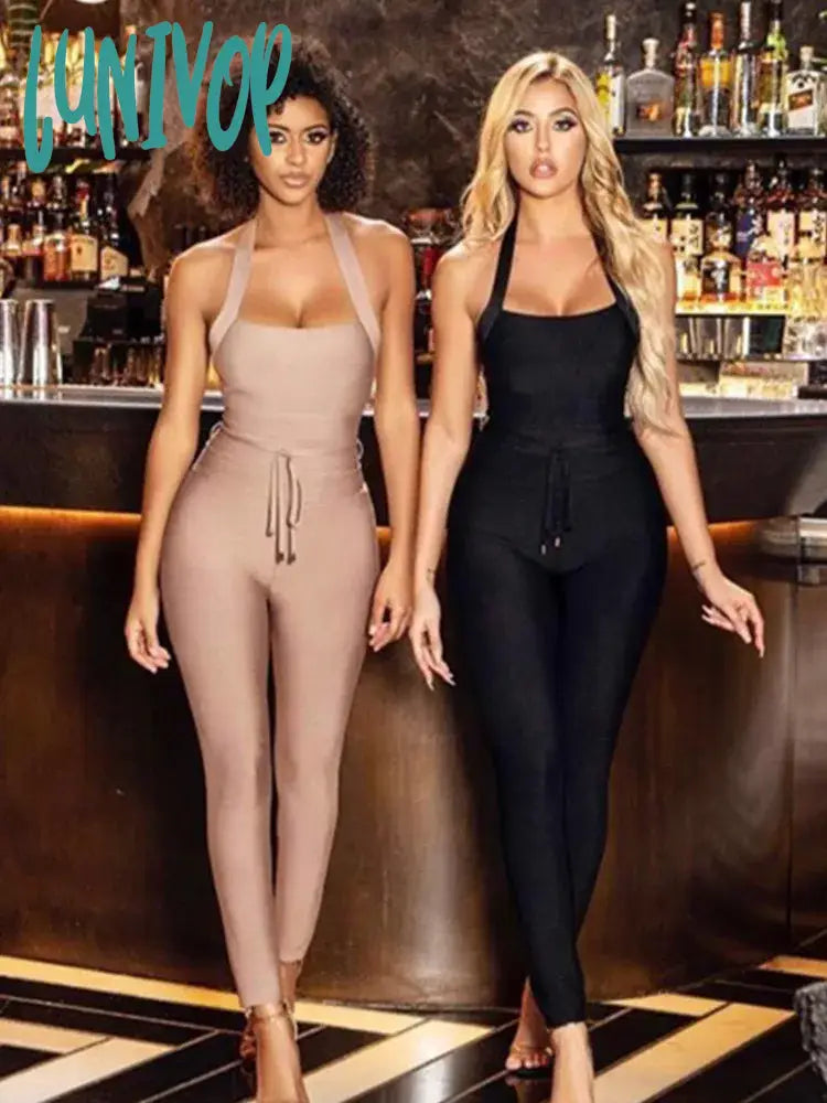 Lunivop Newest Summer Fashion Sexy Backless Halter Beige Black Women Bandage Jumpsuit Celebrity