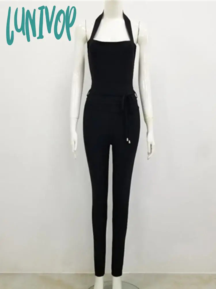 Lunivop Newest Summer Fashion Sexy Backless Halter Beige Black Women Bandage Jumpsuit Celebrity