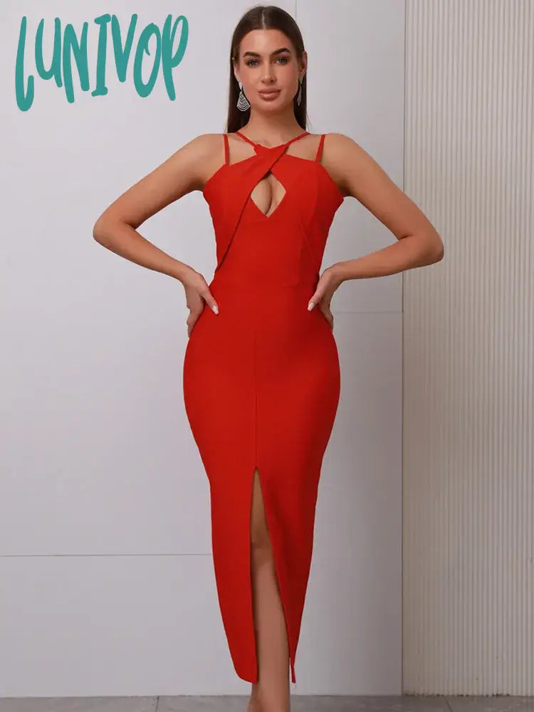 Lunivop Newest Women Celebrity Sexy V Neck Key Hole Red Black Midi Bodycon Bandage Dress Knitted