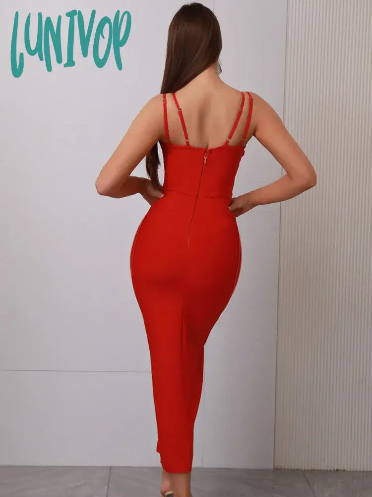 Lunivop Newest Women Celebrity Sexy V Neck Key Hole Red Black Midi Bodycon Bandage Dress Knitted