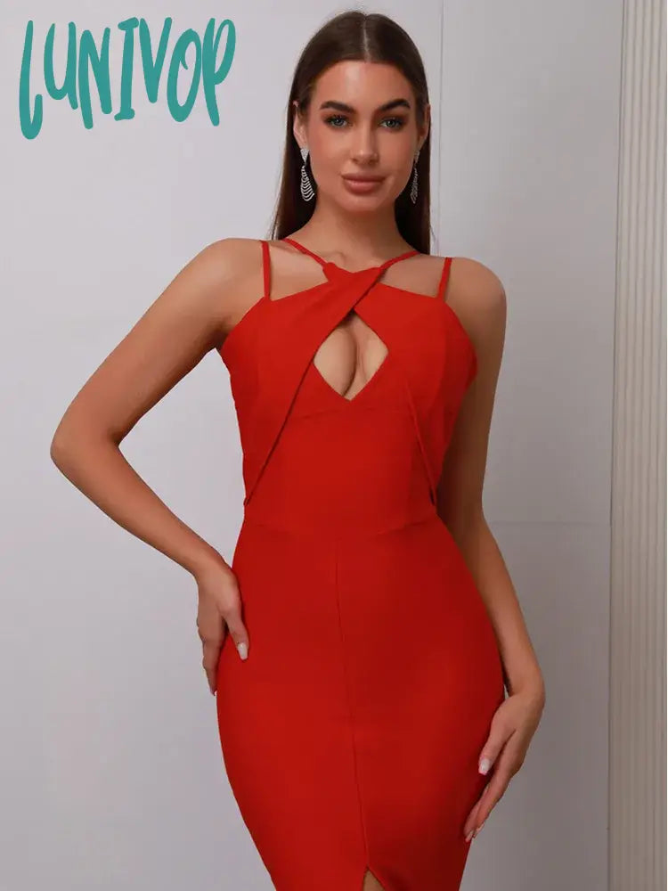 Lunivop Newest Women Celebrity Sexy V Neck Key Hole Red Black Midi Bodycon Bandage Dress Knitted