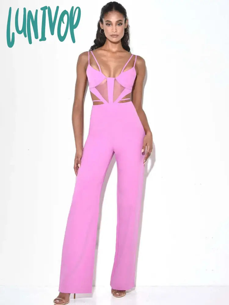 Lunivop Newest Women Summer Style Sexy V Neck Hollow Out Pink Bodycon Bandage Jumpsuit High Street