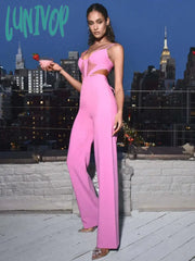 Lunivop Newest Women Summer Style Sexy V Neck Hollow Out Pink Bodycon Bandage Jumpsuit High Street